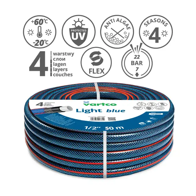 VARTCO Wąż ogrodowy LIGHT blue 22 bar 4-warstwowy 1/2" 50 m