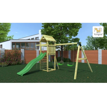 Plac zabaw Fungoo GAIA TL2S, zjeżdżalnia 220 cm, ścianka wspinaczkowa, drabinka, koło sterowe