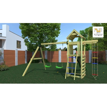 Plac zabaw Fungoo GAIA TL2S, zjeżdżalnia 220 cm, ścianka wspinaczkowa, drabinka, koło sterowe