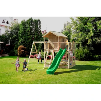 Plac zabaw Fungoo MOONLIGHT domek, 2 x huśtawka, zjeżdżalnia wodna, ścianka wspinaczkowa, stół piknikowy
