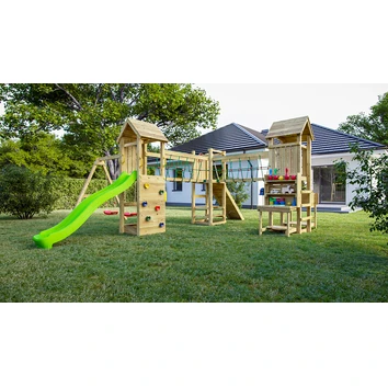 Plac zabaw Fungoo OPTIMIZER duży domek, 2 x huśtawka, zjeżdżalnia, ścianka wspinaczkowa, stół piknikowy