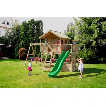 Plac zabaw Fungoo SUNSHINE duży domek, 2 x huśtawka, zjeżdżalnia wodna, ścianka wspinaczkowa, stół piknikowy