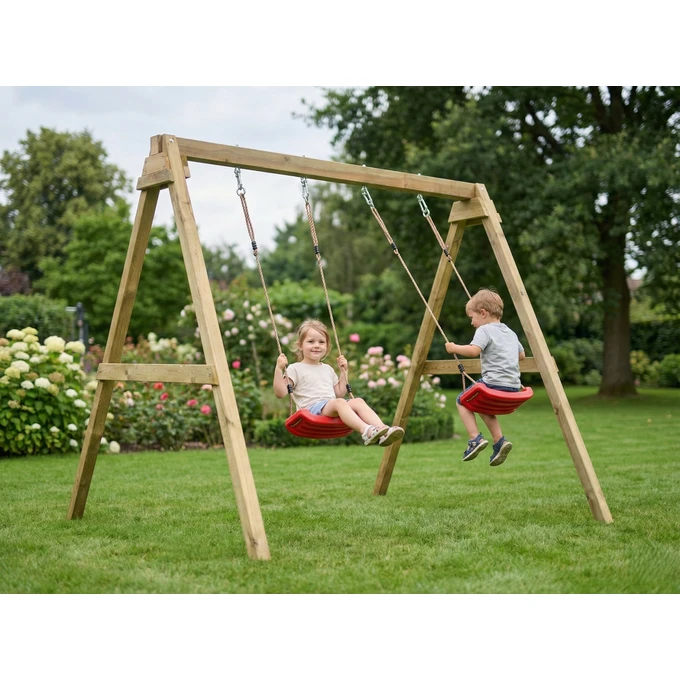 Huśtawka ogrodowa Fungoo MAX-PLAY SWING, 2 czerwone siedziska, regulowane liny, kotwy gruntowe