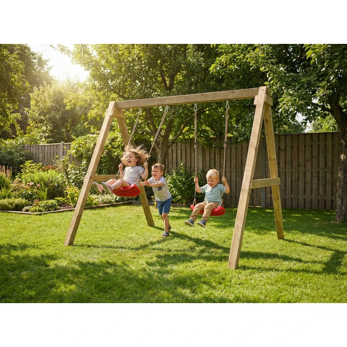 Huśtawka ogrodowa Fungoo MAX-PLAY SWING, 2 czerwone siedziska, regulowane liny, kotwy gruntowe