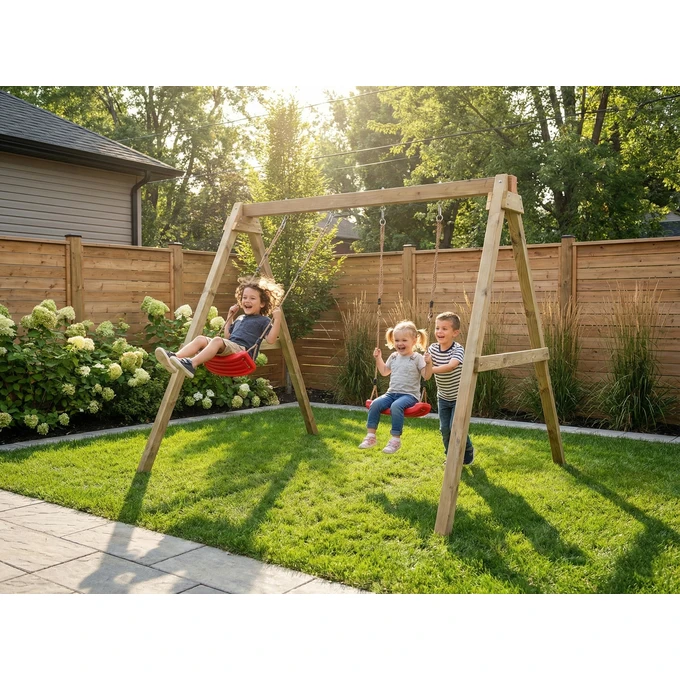 Huśtawka ogrodowa Fungoo MAX-PLAY SWING, 2 czerwone siedziska, regulowane liny, kotwy gruntowe