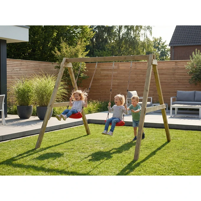 Huśtawka ogrodowa Fungoo MAX-PLAY SWING, 2 czerwone siedziska, regulowane liny, kotwy gruntowe