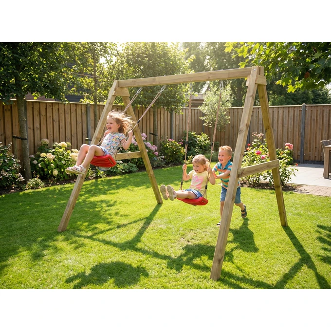 Huśtawka ogrodowa Fungoo MAX-PLAY SWING, 2 czerwone siedziska, regulowane liny, kotwy gruntowe