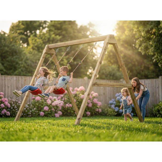 Huśtawka ogrodowa Fungoo MAX-PLAY SWING, 2 czerwone siedziska, regulowane liny, kotwy gruntowe