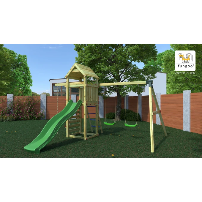 Plac zabaw Fungoo GAIA TL2S, zjeżdżalnia 220 cm, ścianka wspinaczkowa, drabinka, koło sterowe