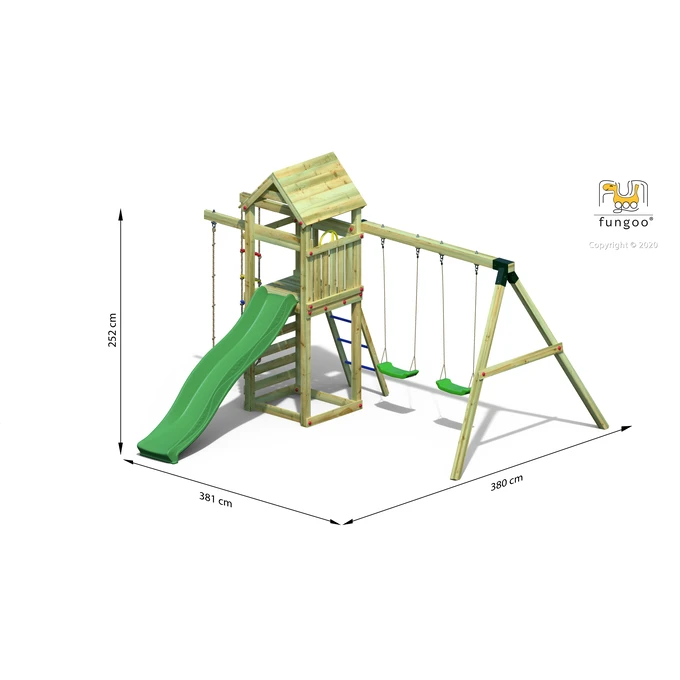 Plac zabaw Fungoo GAIA TL2S, zjeżdżalnia 220 cm, ścianka wspinaczkowa, drabinka, koło sterowe
