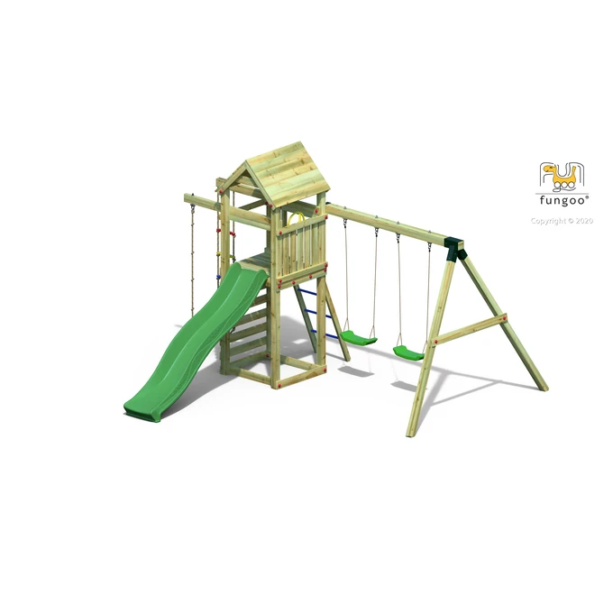 Plac zabaw Fungoo GAIA TL2S, zjeżdżalnia 220 cm, ścianka wspinaczkowa, drabinka, koło sterowe