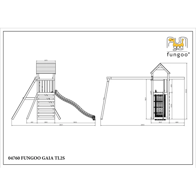 Plac zabaw Fungoo GAIA TL2S, zjeżdżalnia 220 cm, ścianka wspinaczkowa, drabinka, koło sterowe