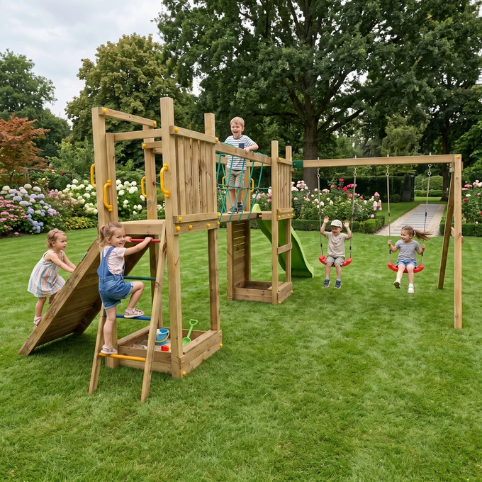 Plac zabaw Fungoo MAXI FUNNY CARNIVAL duży domek, 2 x huśtawka, zjeżdżalnia, mostek linowy, ścianka wspinaczkowa, stół piknikowy