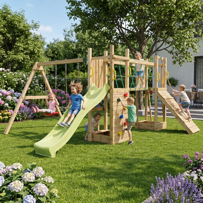 Plac zabaw Fungoo MAXI FUNNY CARNIVAL duży domek, 2 x huśtawka, zjeżdżalnia, mostek linowy, ścianka wspinaczkowa, stół piknikowy