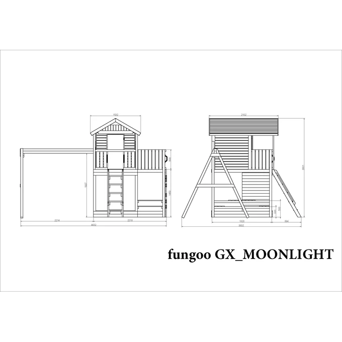 Plac zabaw Fungoo MOONLIGHT domek, 2 x huśtawka, zjeżdżalnia wodna, ścianka wspinaczkowa, stół piknikowy
