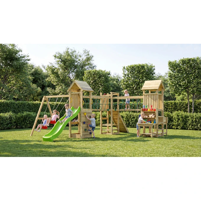Plac zabaw Fungoo OPTIMIZER duży domek, 2 x huśtawka, zjeżdżalnia, ścianka wspinaczkowa, stół piknikowy