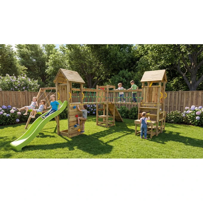 Plac zabaw Fungoo OPTIMIZER duży domek, 2 x huśtawka, zjeżdżalnia, ścianka wspinaczkowa, stół piknikowy