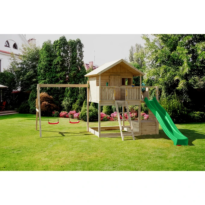 Plac zabaw Fungoo SUNSHINE duży domek, 2 x huśtawka, zjeżdżalnia wodna, ścianka wspinaczkowa, stół piknikowy