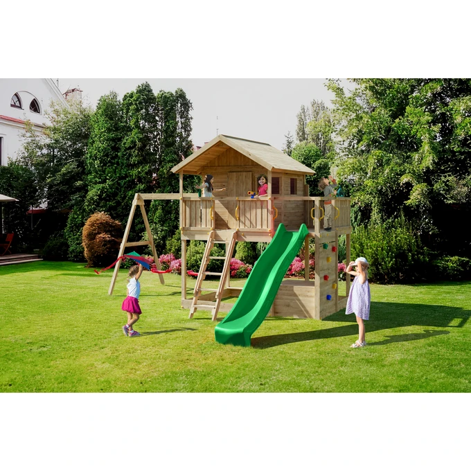 Plac zabaw Fungoo SUNSHINE duży domek, 2 x huśtawka, zjeżdżalnia wodna, ścianka wspinaczkowa, stół piknikowy