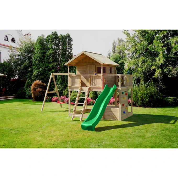Plac zabaw Fungoo SUNSHINE duży domek, 2 x huśtawka, zjeżdżalnia wodna, ścianka wspinaczkowa, stół piknikowy