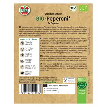 BIO papryka blokowa 'De Cayenne' Nasiona PREMIUM Sperli
