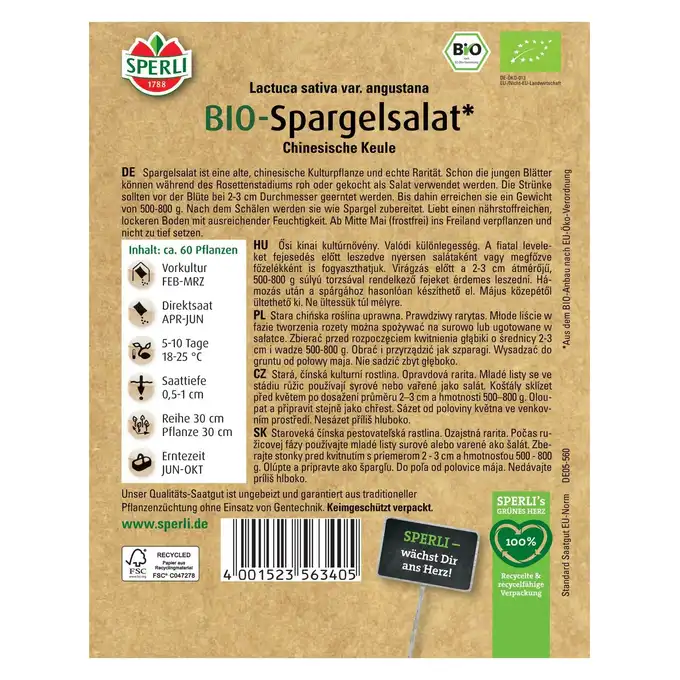 BIO sałata szparagowa 'Chinesische Keule' Nasiona PREMIUM Sperli