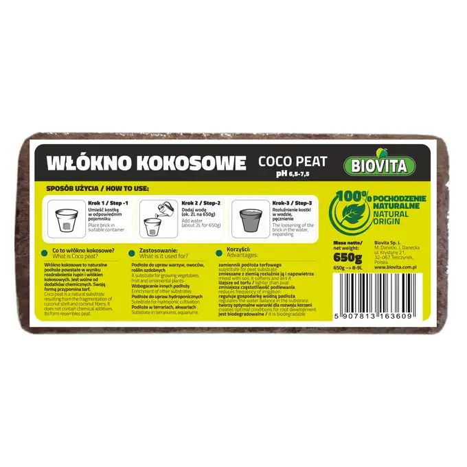 Biovita włókno kokosowe coco peat brykiet 650g 8-9L