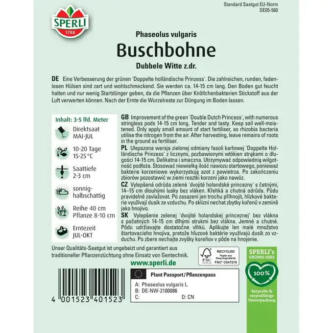 Fasola karłowa 'Dubbele Witte z.dr.' Nasiona PREMIUM Sperli