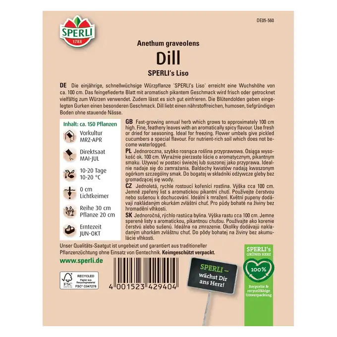 Koper ogrodowy 'SPERLI's Liso' Nasiona PREMIUM Sperli