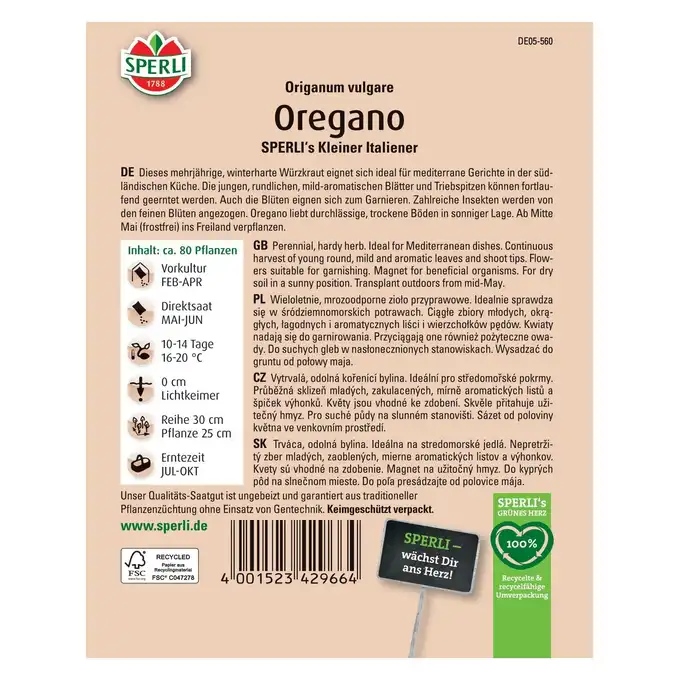 Oregano 'SPERLI's Kleiner Italiener' Nasiona PREMIUM Sperli