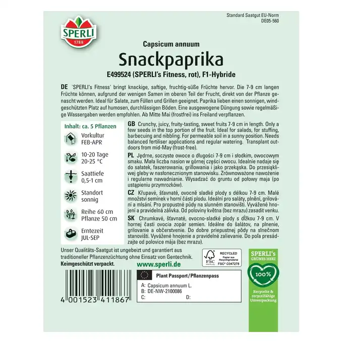 Papryka blokowa 'SPERLI's Fitness, rot (E499524)' Nasiona PREMIUM Sperli