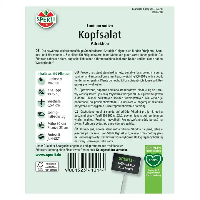 Sałata głowiasta 'Attraktion' Nasiona PREMIUM Sperli