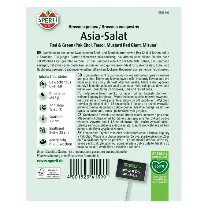 Sałatka z azji 'Red &amp; Green (Pak Choi Tatsoi, Mustard Red Giant, Mizuna)' Nasiona PREMIUM Sperli