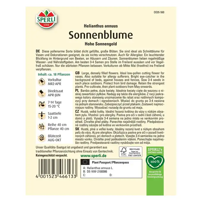 Słonecznik 'Hohe Sonnengold' Nasiona PREMIUM Sperli