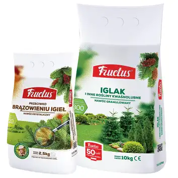 Nawozy Fructus do roślin iglastych: Iglak 10 kg + Przeciwko brązowieniu igieł 2,5 kg