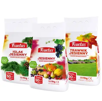 Nawozy jesienne Fructus: Iglak, Trawnik, Uniwersalny 3x5 kg