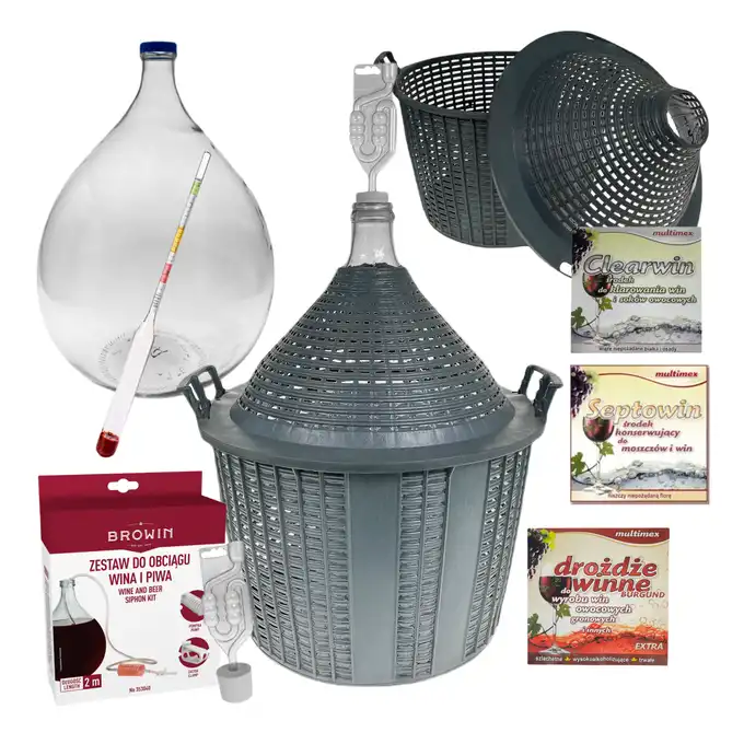 Balon, gąsior na wino 10l + rurka fermentacyjna, korek, wężyk, cukromierz, drożdże, Clearwin, Septowin