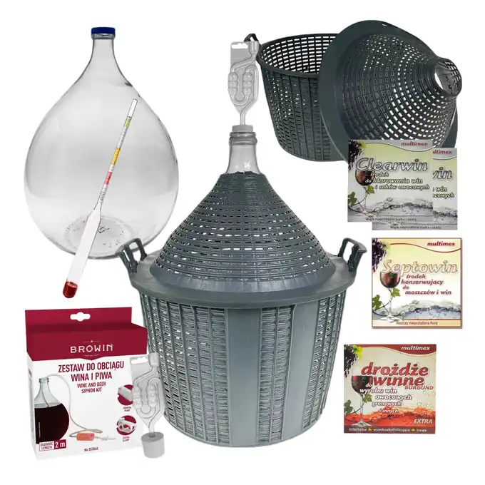 Balon, gąsior na wino 15l + rurka fermentacyjna, korek, wężyk, cukromierz, drożdże, Clearwin, Septowin