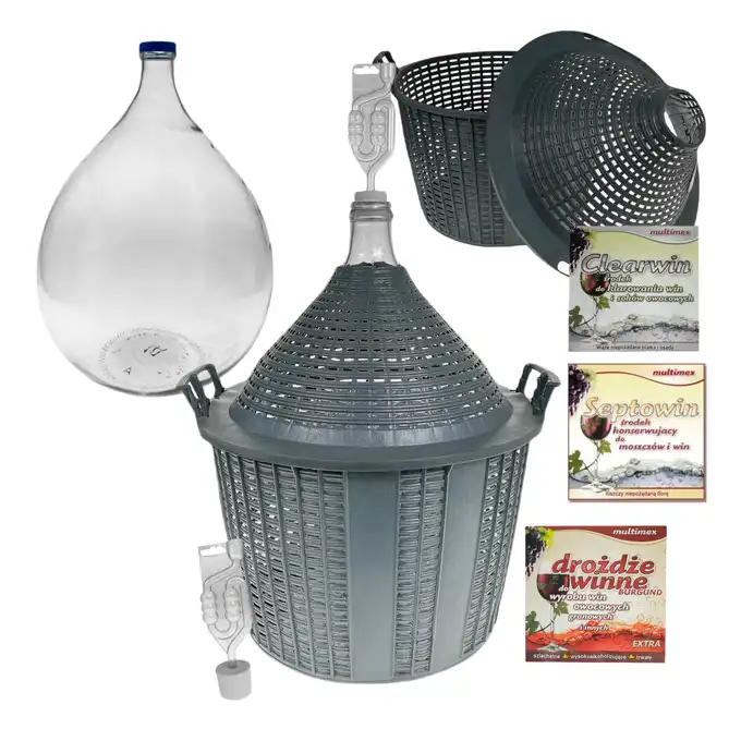 Balon, gąsior na wino 20l + rurka fermentacyjna, korek, drożdże, Clearwin, Septowin