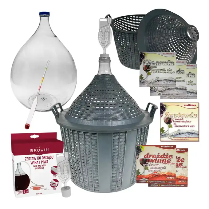 Balon, gąsior na wino 34l + rurka fermentacyjna, korek, wężyk, cukromierz, drożdże, Clearwin, Septowin