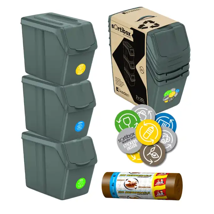 Kosz na śmieci SORTIBOX szary+ worki do segregacji brązowe 35l
