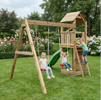 Plac zabaw Fungoo FLAPPI KDI domek, zjeżdżalnia, huśtawki, piaskownica