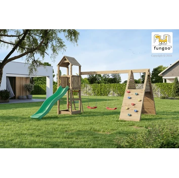 Plac zabaw Fungoo FLEPPI domek, 2 huśtawki, 2 ścianki wspinaczkowe