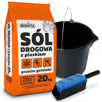 Sól drogowa z piaskiem 20 kg + wiadro z lejkiem 20 L, szufelka