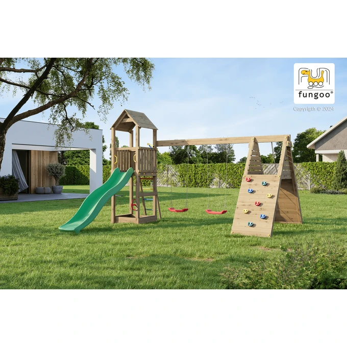 Plac zabaw Fungoo FLEPPI domek, 2 huśtawki, 2 ścianki wspinaczkowe