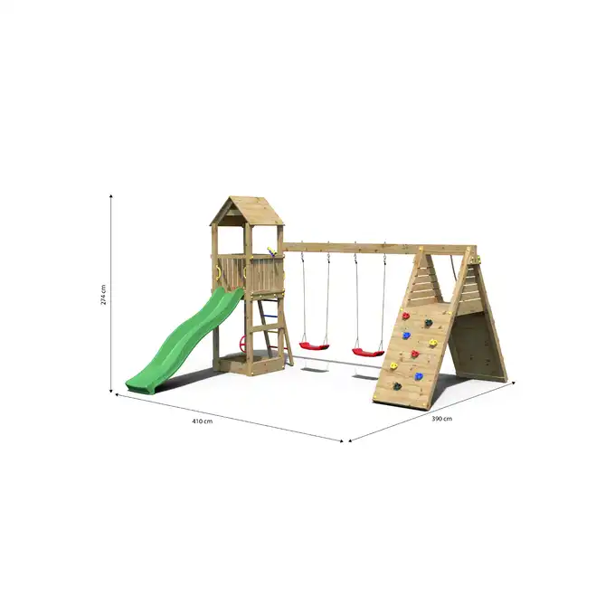 Plac zabaw Fungoo FLEPPI domek, 2 huśtawki, 2 ścianki wspinaczkowe