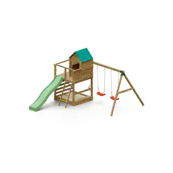 Plac zabaw Fungoo JARCAS 4 - domek, zjeżdżalnia, duża piaskownica, 2 x huśtawka