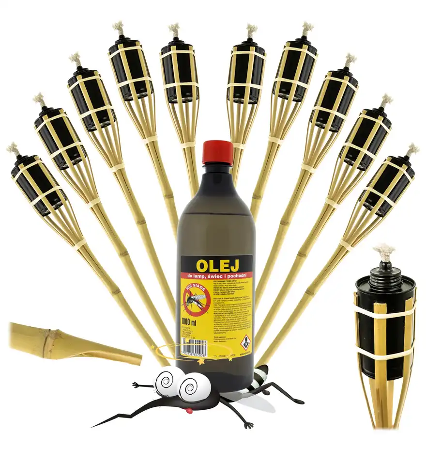 Pochodnia Bambusowa Ogrodowa Naturalna 60 cm WYTRZYMAŁA 10 szt + Olej do Pochodni KOMAR NIE SIADA 2L