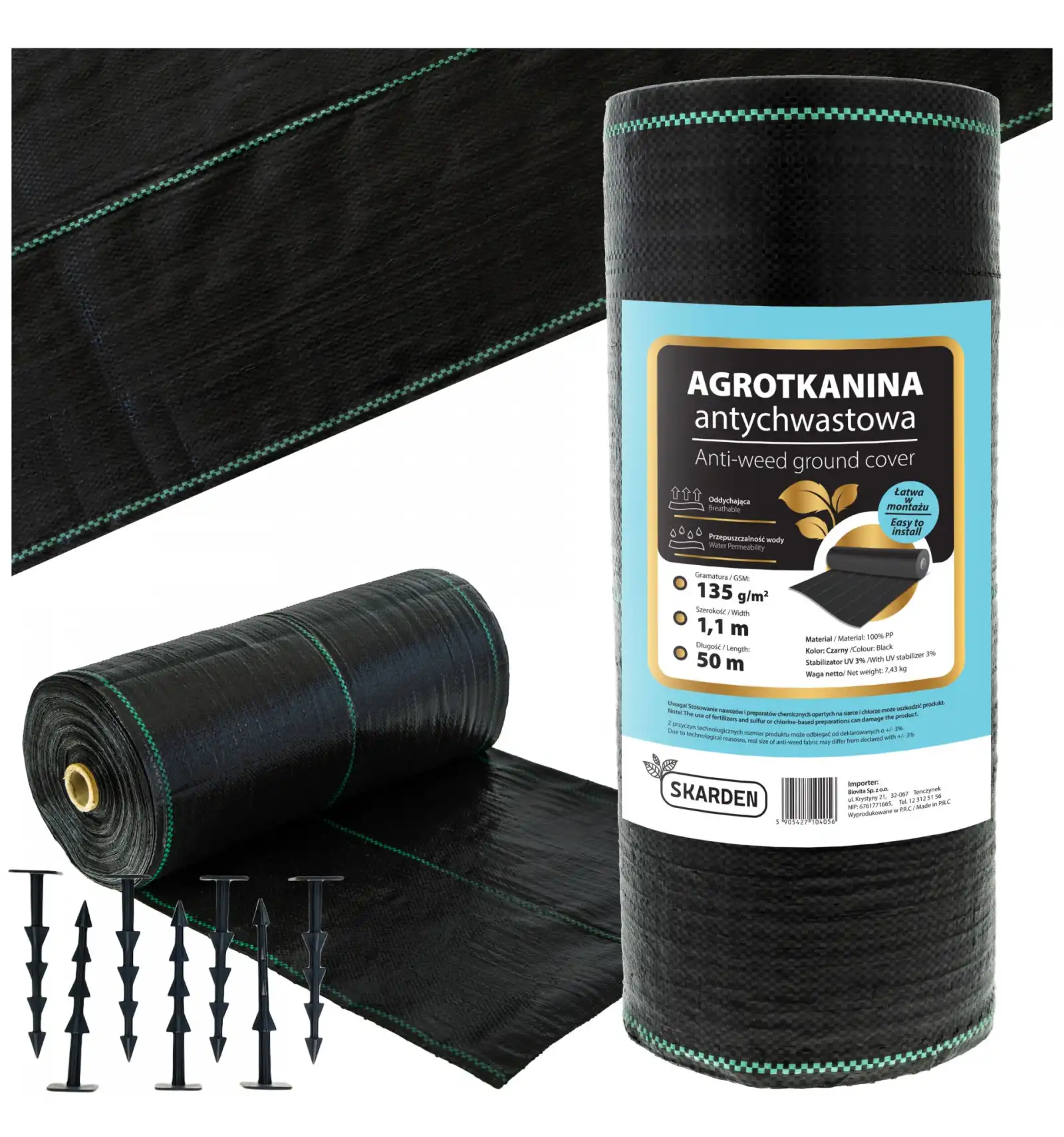 SKARDEN PREMIUM Agrotkanina 1,1x50m czarna 135g/m2 + 100 kołków